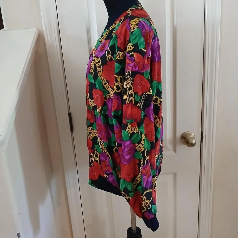 Vintage 90s Vibrant All Over Print Floral Gold Chain Bomber Jacket Dopamine